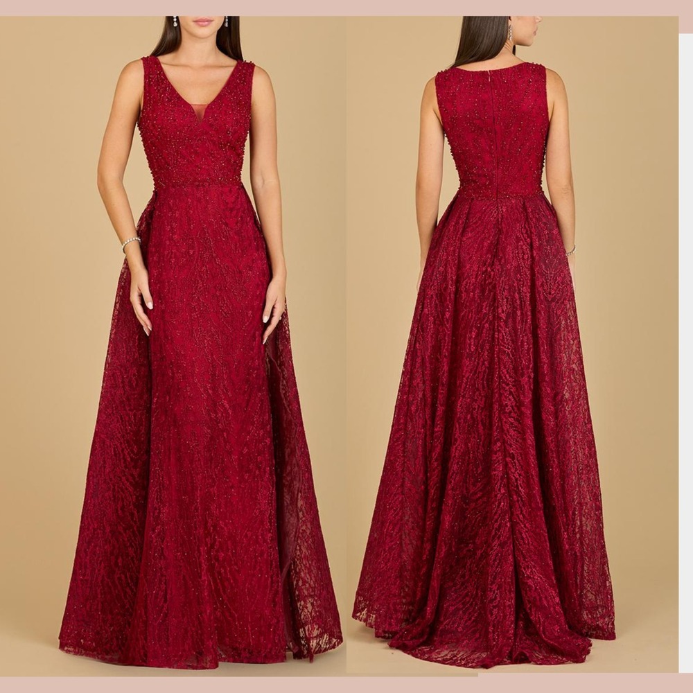NWT $658 LARA‎ NY [ 16 ] Sleeveless Overskirt Lace Fitted V Neck Gown Red #S2117